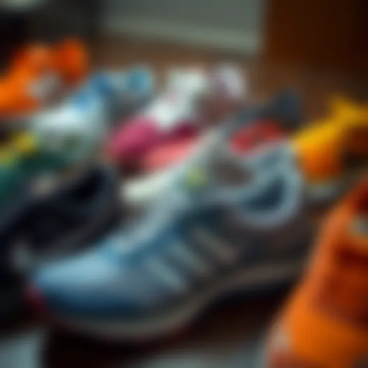 A collection of various sports shoes arranged aesthetically for comparison.
