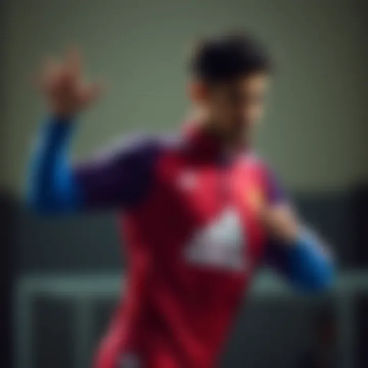 An athlete showcasing the flexibility of the Adidas red and blue striped outfit