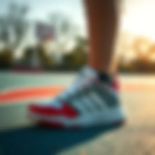 Child wearing Adidas basketball shoes on the court