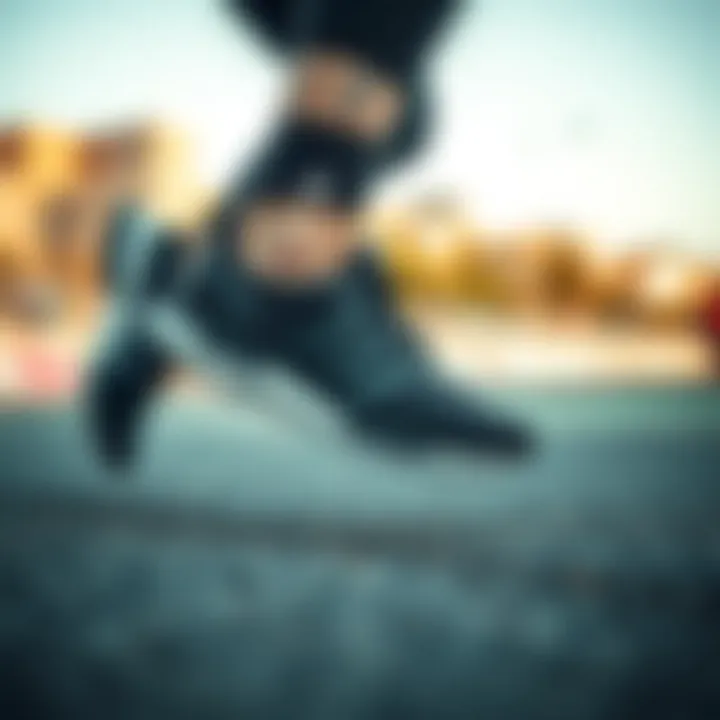 Performance in Motion: Running with Adidas Black Sports Shoes Dynamic action shot of Adidas black sports shoes in use during running