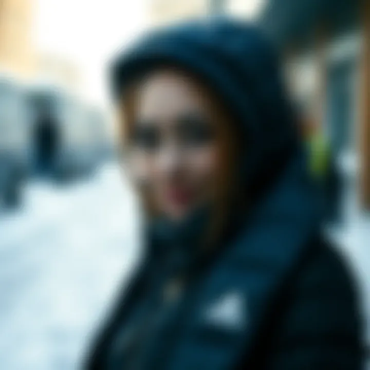 Fashionable woman wearing a down jacket outdoors in winter