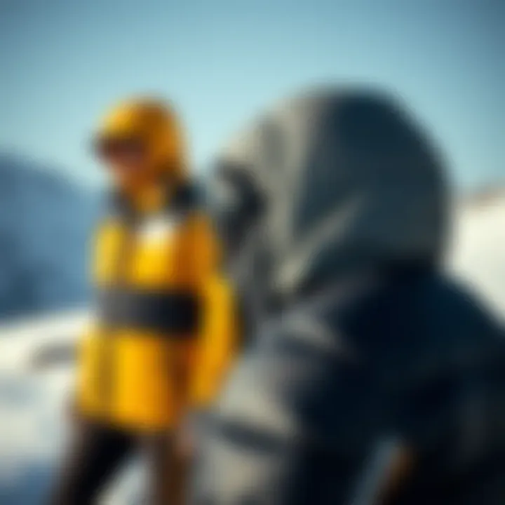 Technical features of a down jacket shown in a cold environment