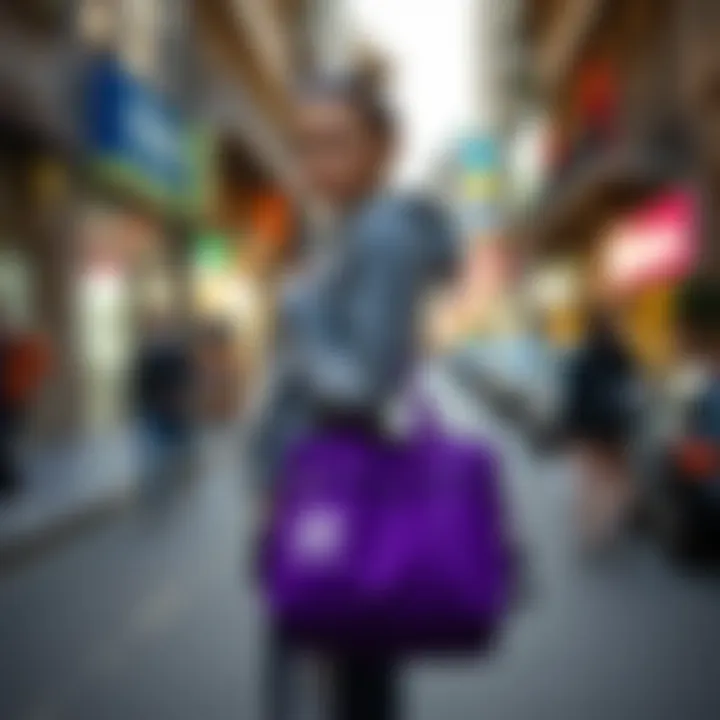 Adidas purple bag paired with sporty attire on a city street