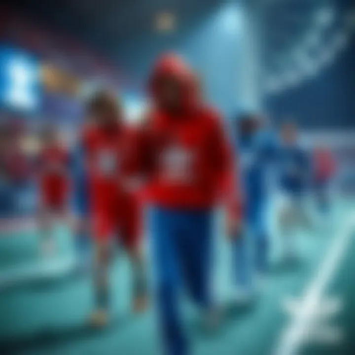 A vibrant display of Adidas red and blue striped sportswear