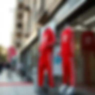 Adidas red tracksuit displayed in a stylish urban setting