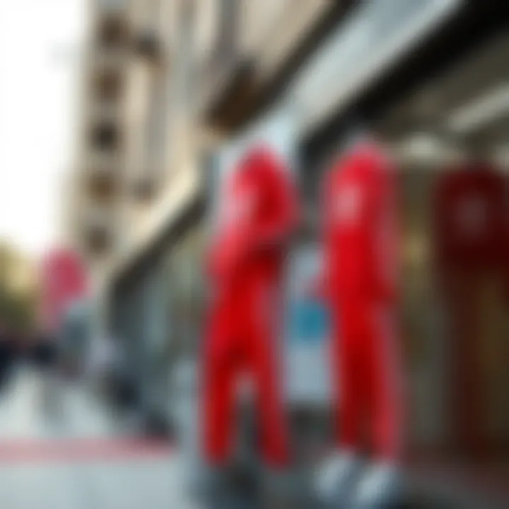 Adidas red tracksuit displayed in a stylish urban setting