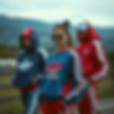 A stylish combination of Adidas red and blue striped sports items