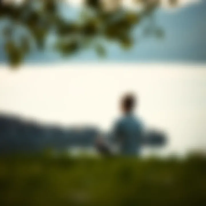 A tranquil scene of an individual meditating by a lake