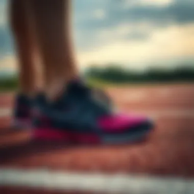 A close-up of running shoes on a track field
