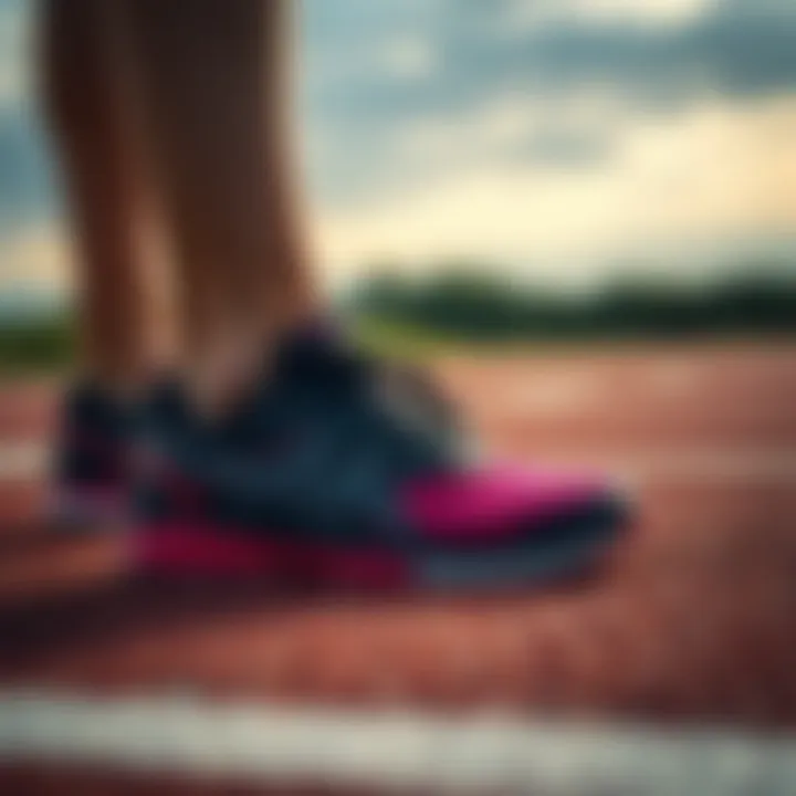 A close-up of running shoes on a track field