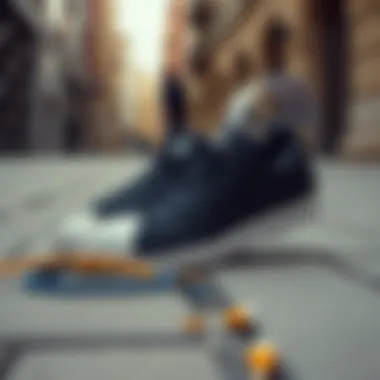 Black Adidas Superstar shoes placed in an urban setting