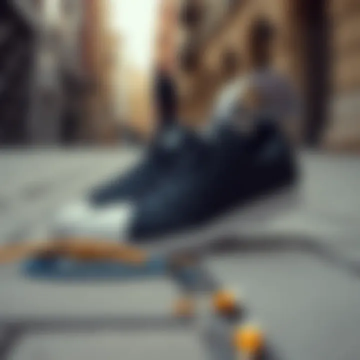 Black Adidas Superstar shoes placed in an urban setting