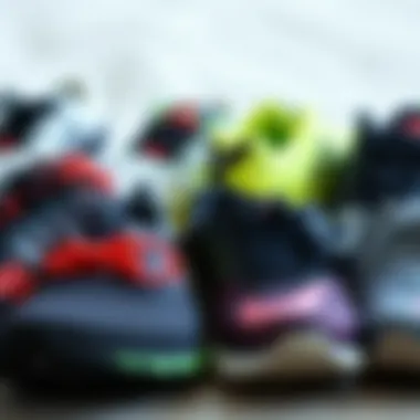 A collection of various winter running shoes displayed for comparison