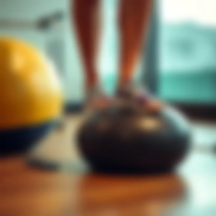 Stability Balls in Dynamic Balance Training A close-up of feet on stability balls during a dynamic balance workout