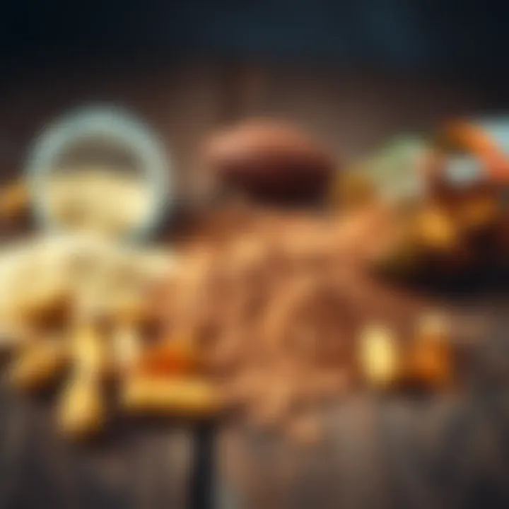 A close-up of capsules and powders on a wooden table