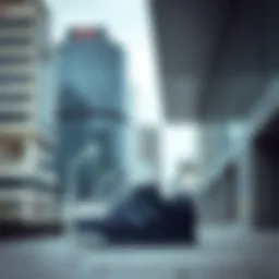 A stylish pair of athletic shoes on a modern urban background