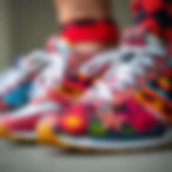 Close-up of vibrant athletic footwear showcasing unique patterns