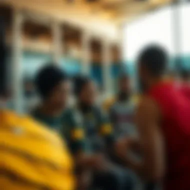 Community Bonding - Celebrating Team Spirit A diverse group of athletes bonded by their shared experience in an old-school sports setting.