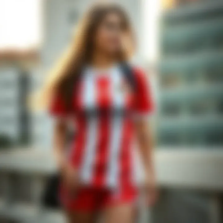 A stylish woman pairing a Galatasaray jersey with fashionable athletic wear