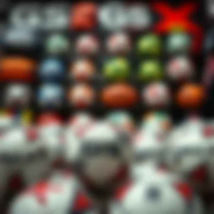 A collection of various GS footballs displayed in a sports store setting.