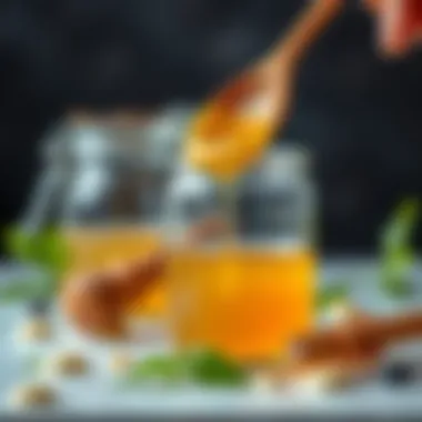 A jar of honey drizzled with a wooden spoon