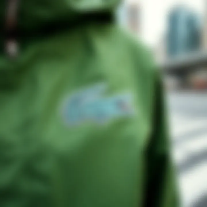 Close-up of Lacoste logo on a rain jacket