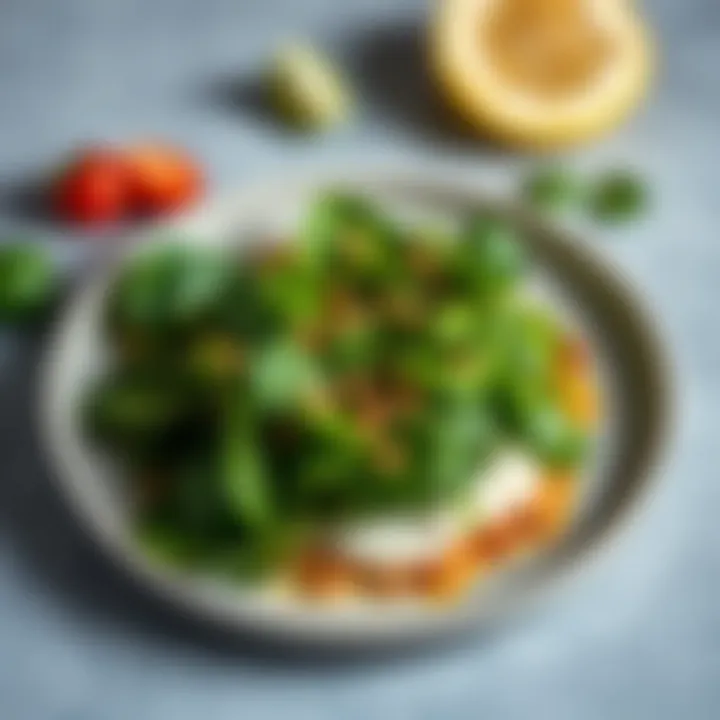 A beautifully plated dish featuring spinach and other leafy greens.