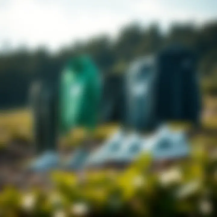 A collection of New Balance green series apparel displayed in a natural setting, emphasizing sustainability