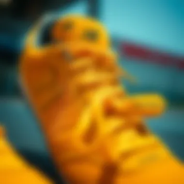 Craftsmanship in Yellow New Balance Shoes Close-up of yellow New Balance shoes highlighting craftsmanship