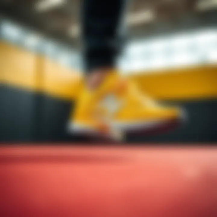 Athletic Setting with Vibrant Yellow Sneakers Vibrant yellow New Balance sneakers in an athletic setting