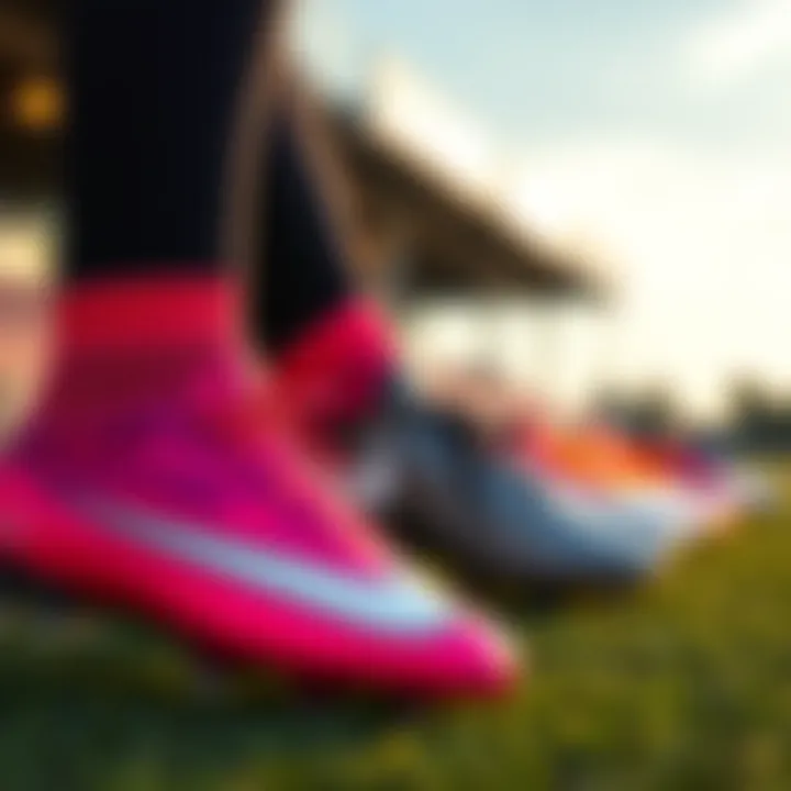 Diverse Nike Cleats Colors A variety of Nike soccer cleats showcasing different colors and designs on a soccer field