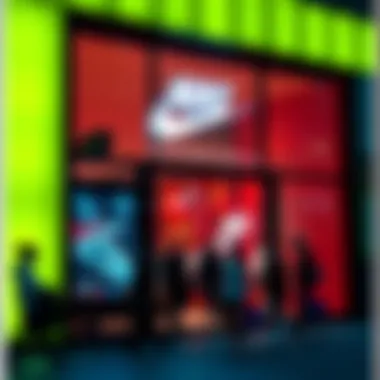 A vibrant Nike store exterior with customers engaging in their shopping experience