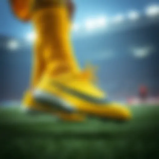 Dynamic action shot of Nike yellow turf shoes in motion during a game