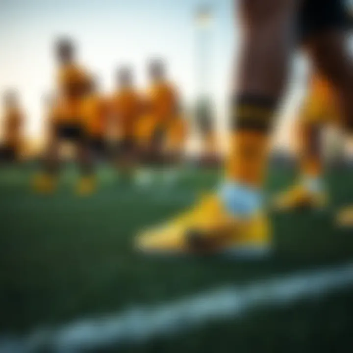 Group of athletes wearing Nike yellow turf shoes on a field
