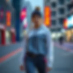 A chic outdoor sports outfit showcased against a vibrant urban backdrop.