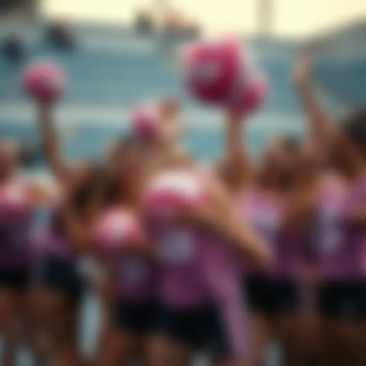 Celebrating with Pink Volleyballs A group of athletes celebrating with pink volleyballs after a tournament