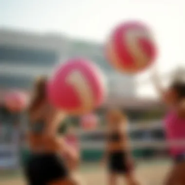 Pink Volleyballs in Action An energetic volleyball match featuring pink volleyballs in action