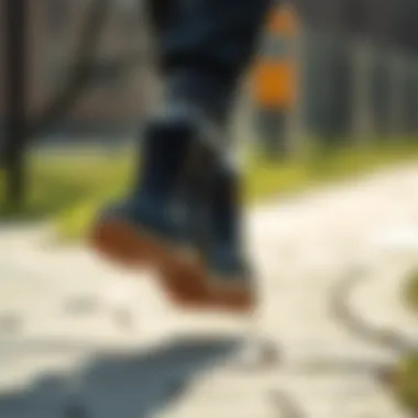 Person wearing Skechers Goodyear boots while walking outdoors