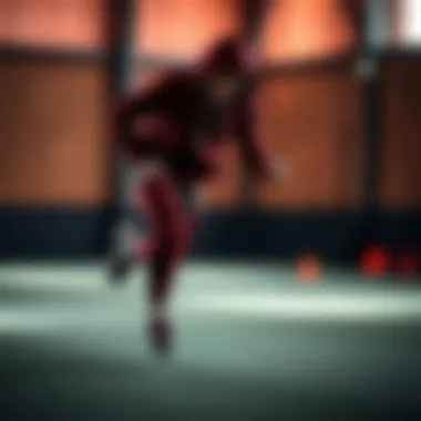 Athletic performance captured in maroon activewear during training session.