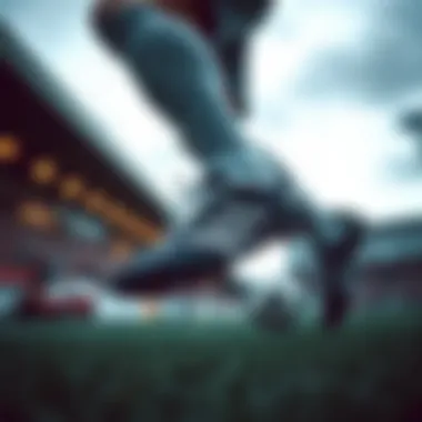 A dynamic action shot capturing a player in motion wearing turf soccer shoes on the field.