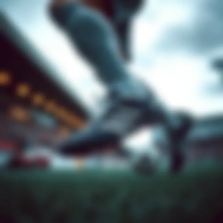 A dynamic action shot capturing a player in motion wearing turf soccer shoes on the field.