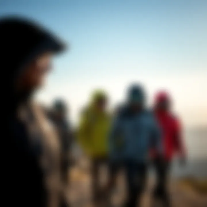 Group of adventurers showcasing softshell jackets in nature