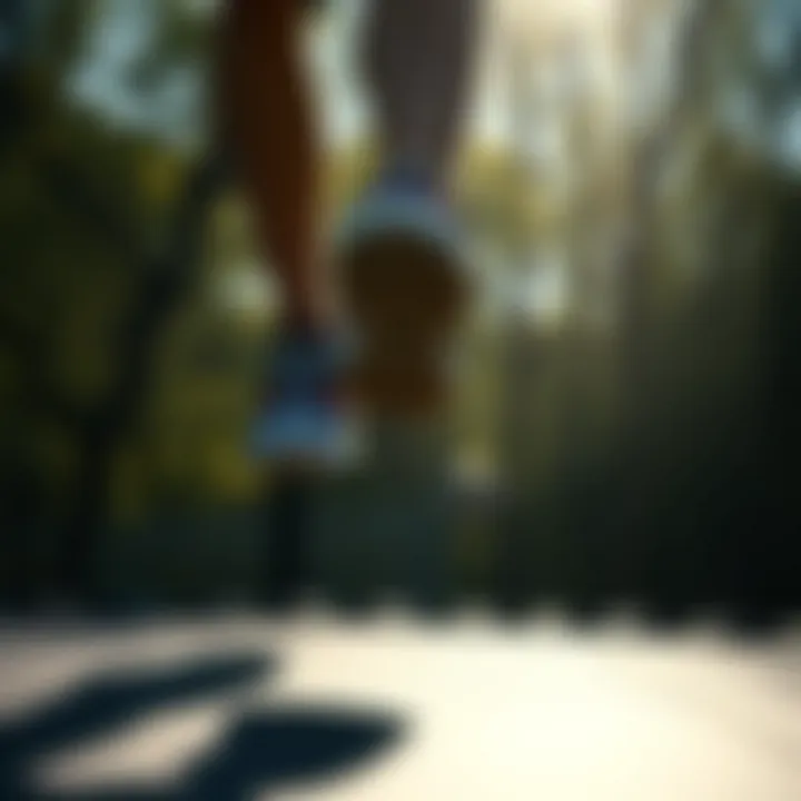 Close-up of feet bouncing on a trampoline