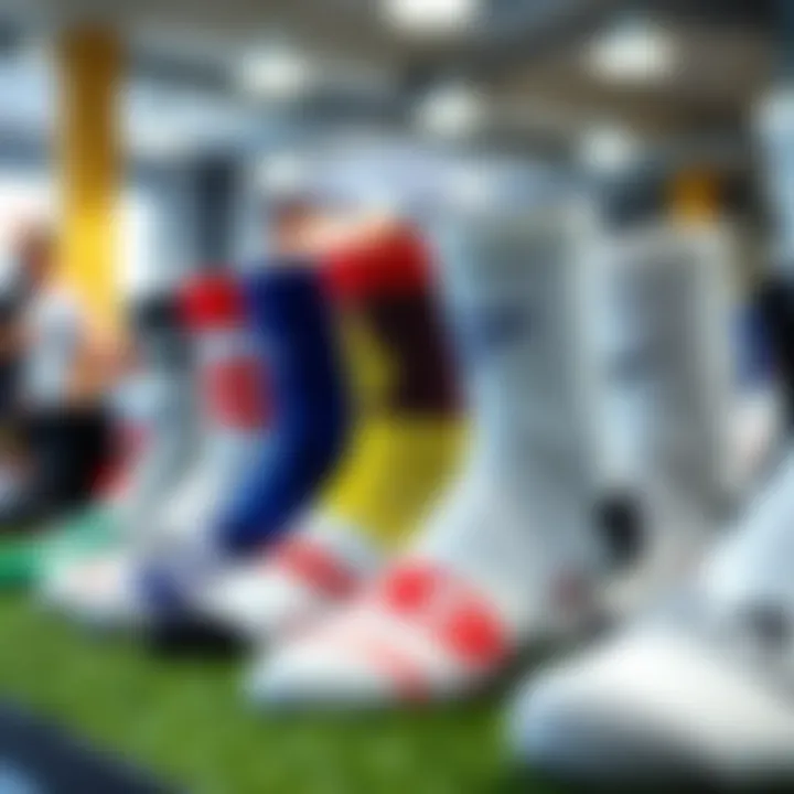 Various brands of non-slip soccer socks displayed