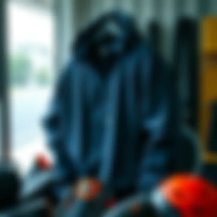 A sporty zip jacket displayed alongside various sports equipment.